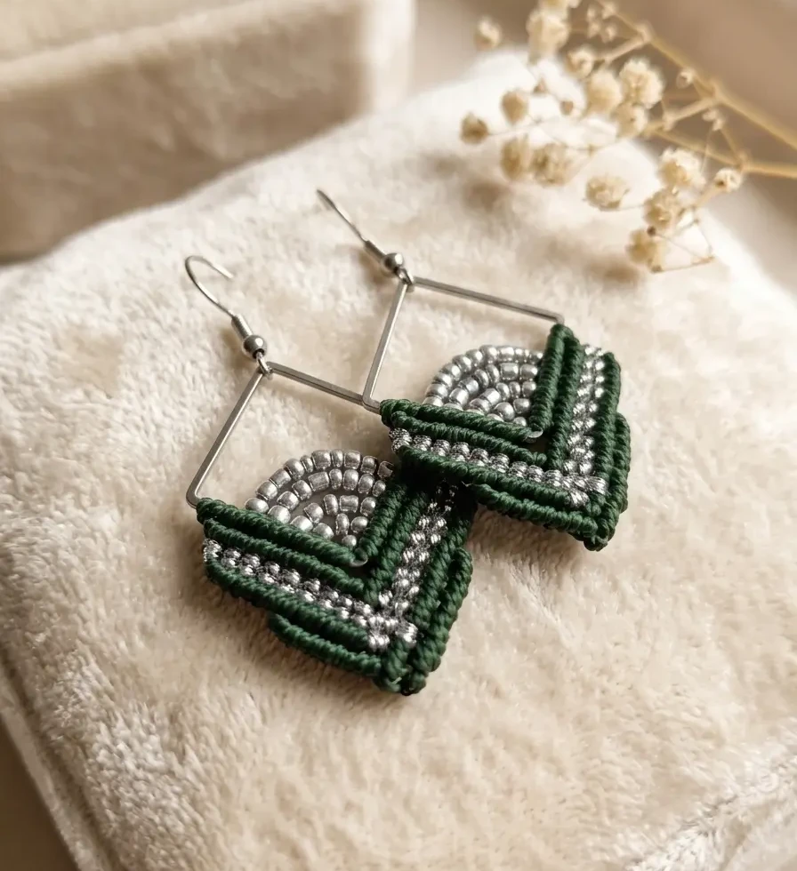 Gros plan de boucles d'oreilles ISO macramé vert et perles argentées reposant sur un coussin en velours crème doux