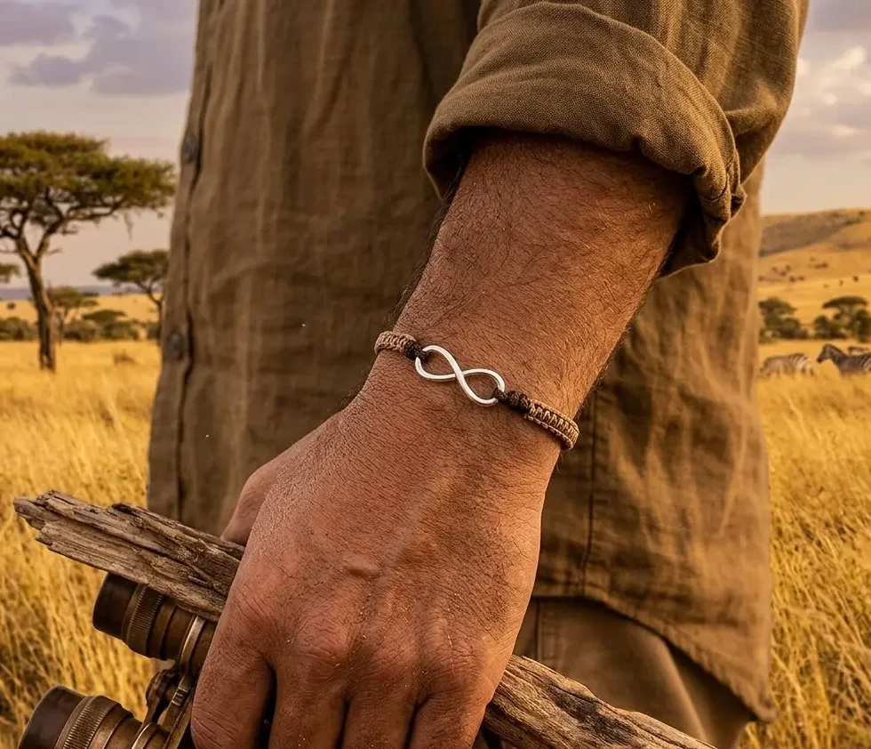 Bracelet infini Savane macramé porté par un homme dans la savane