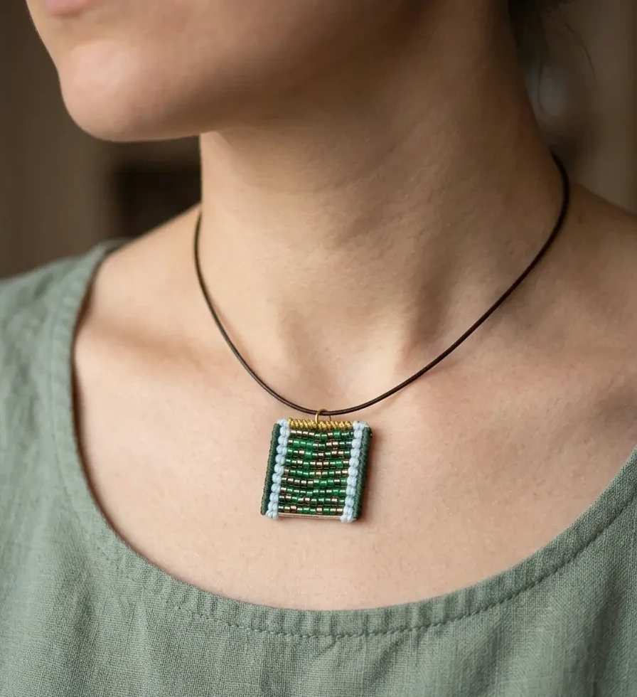 Gros plan d'une femme portant le collier Tessare Émeraude, un pendentif carré tissé en perles vertes et dorées sur un cordon
