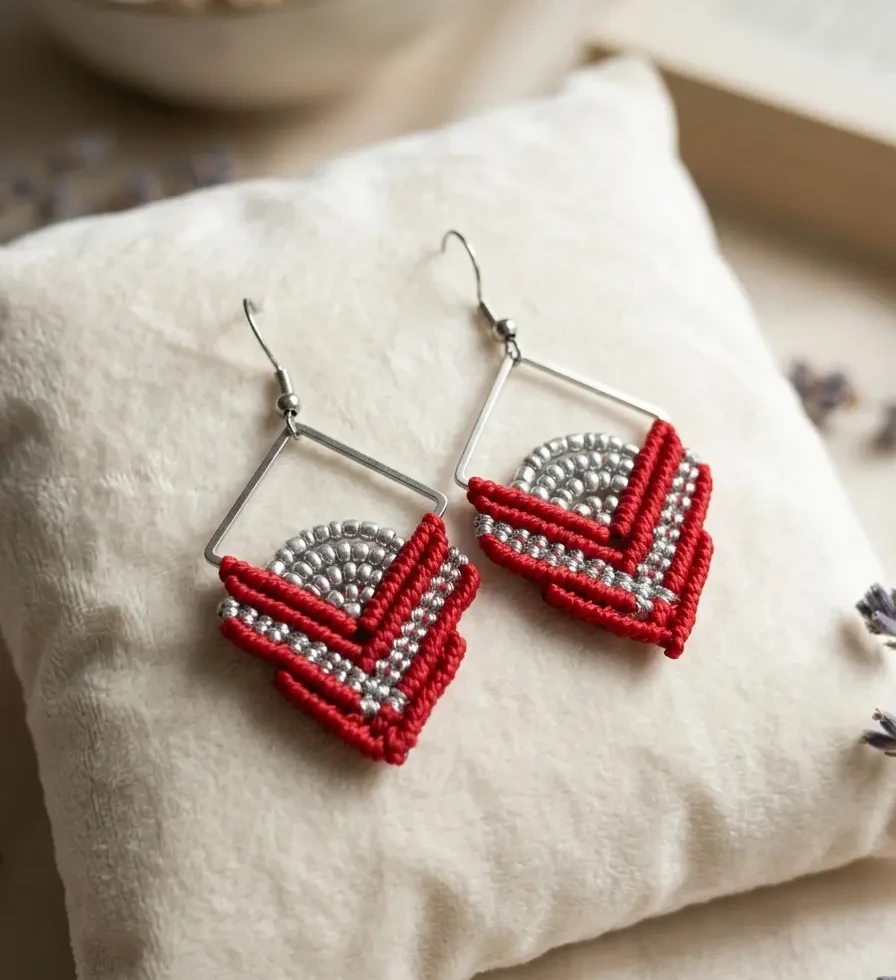 Boucles d'oreilles ISO macramé rouge et perles argentées sur coussin - Tressia Atelier