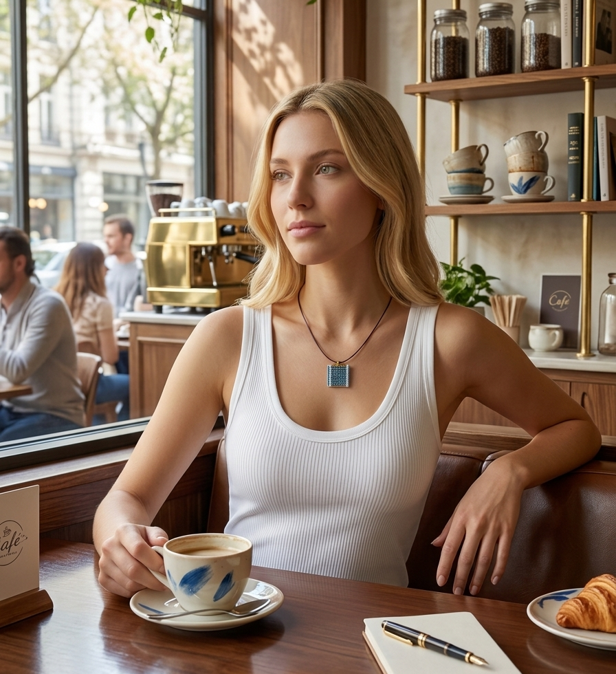 Jeune femme blonde assise dans un café et portant le collier artisanal tessare saphir en macramé et perles