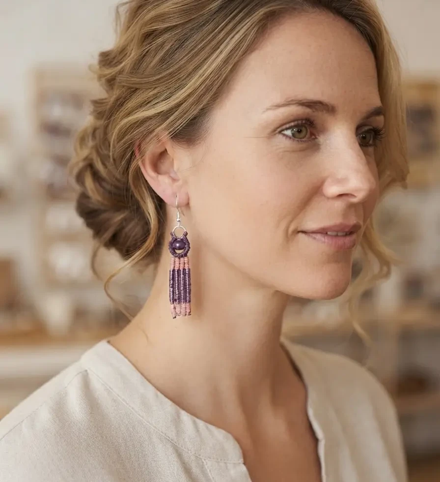 femme blonde avec un chignon, mettant en valeur les boucles d'oreilles artisanales Alya en macramé violet et rose