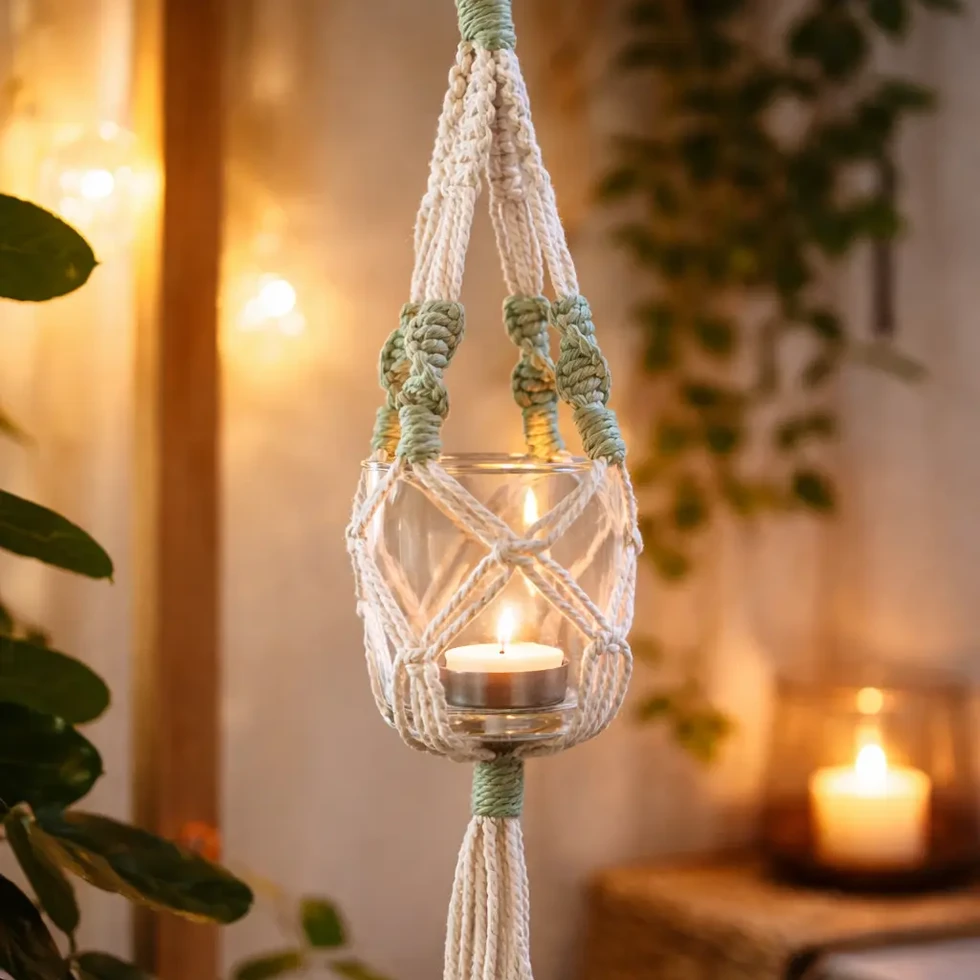 Suspension en macramé Lumina Chromatica coloris vert sauge, support pour bougie artisanal