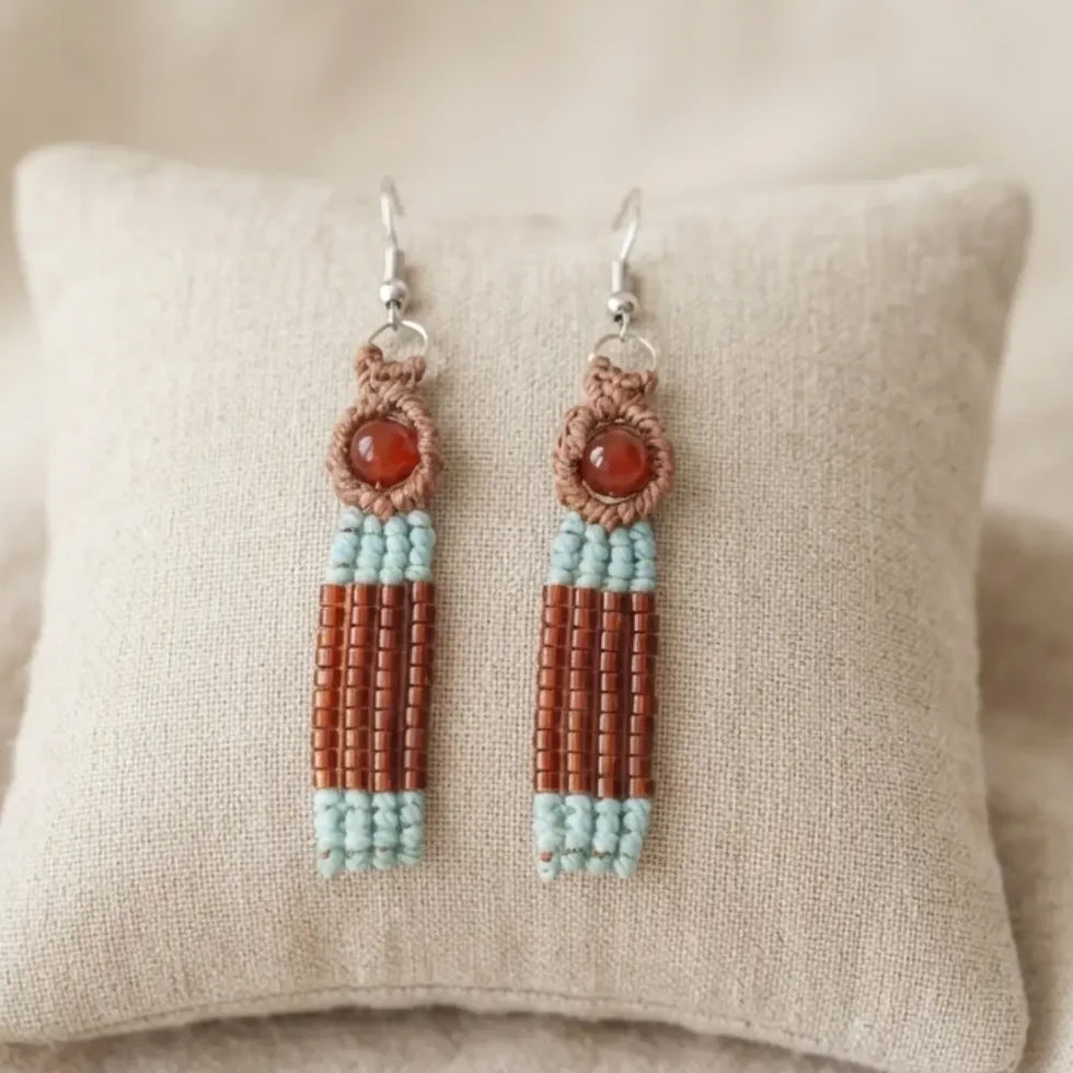 Présentation de boucles d'oreilles pendantes modernes en macramé couleur marron et bleu turquoise, pendantes sur un coussin