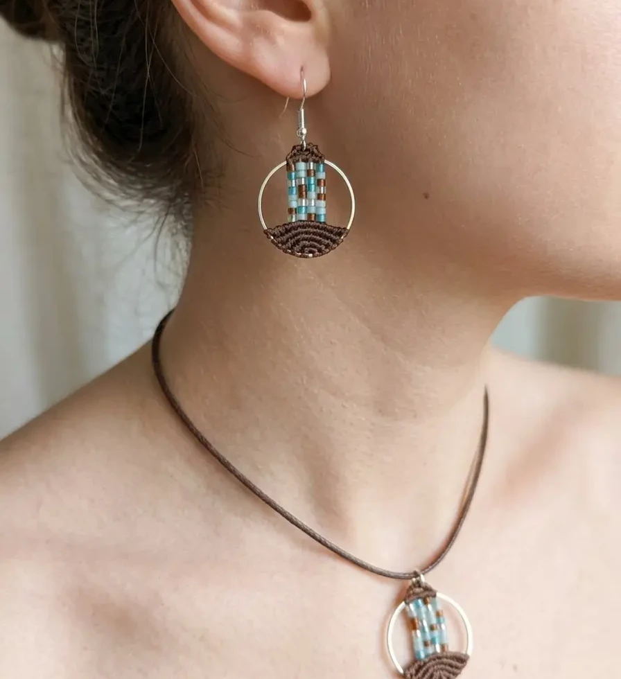 zoom du duo Lyren Terre et Mer avec un collier et des boucles sur une femme
