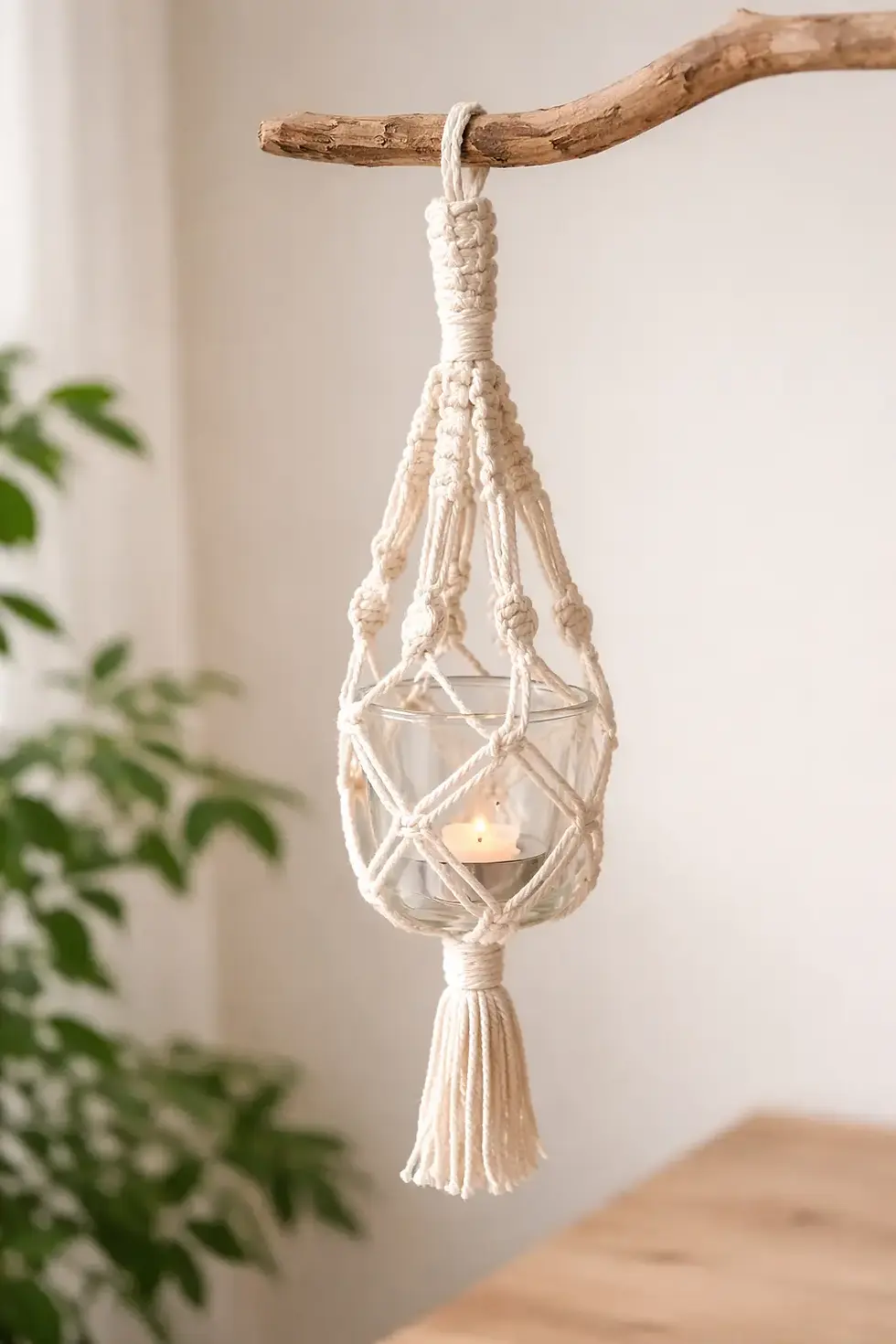lanterne en macramé crème accrochée à l'intérieur avec une bougie allumée de chez Tressia Atelier