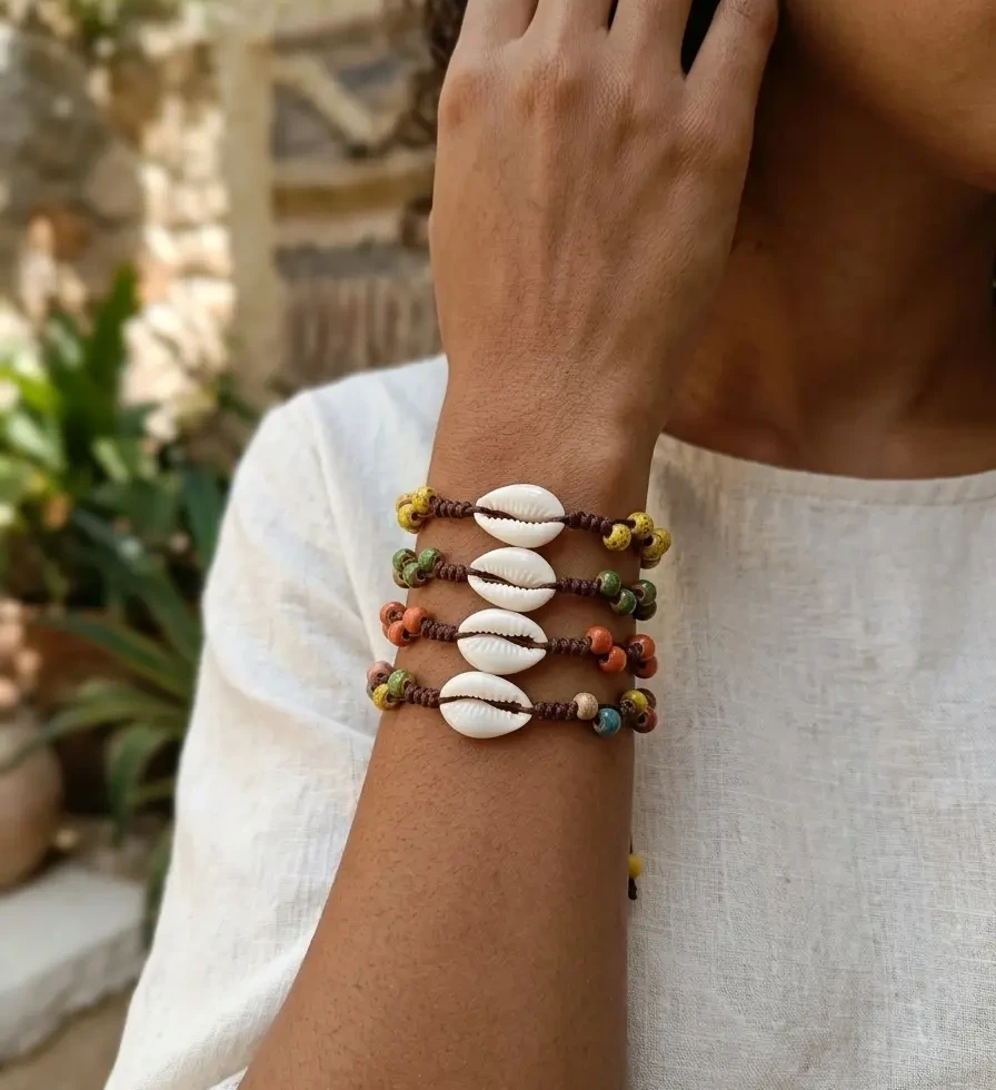 Bracelets en macramé avec coquillages cauri et perles colorées portés en accumulation au poignet, style bohème naturel Tressi