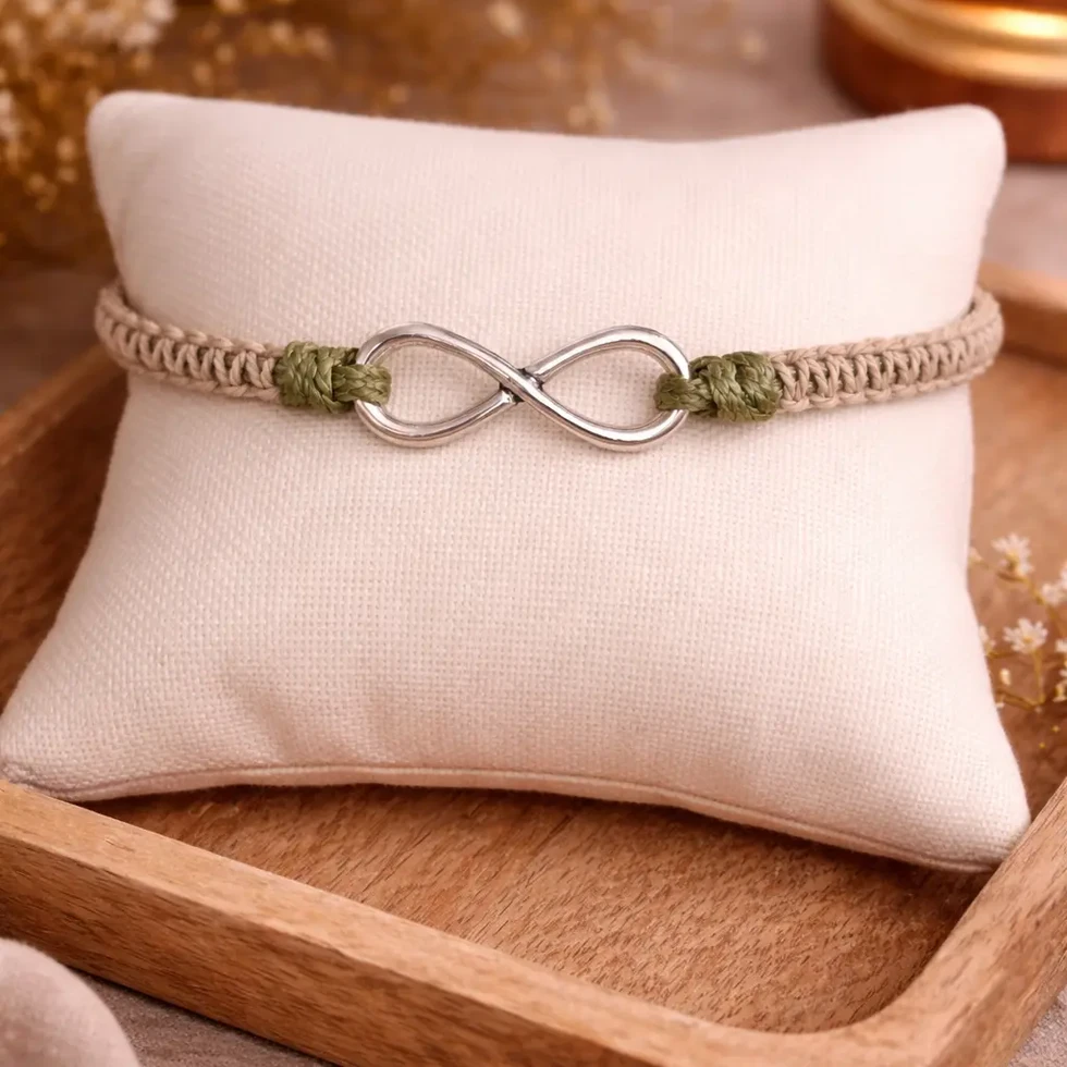 Bracelet infini Maquis macramé bicolore marron sur un coussin