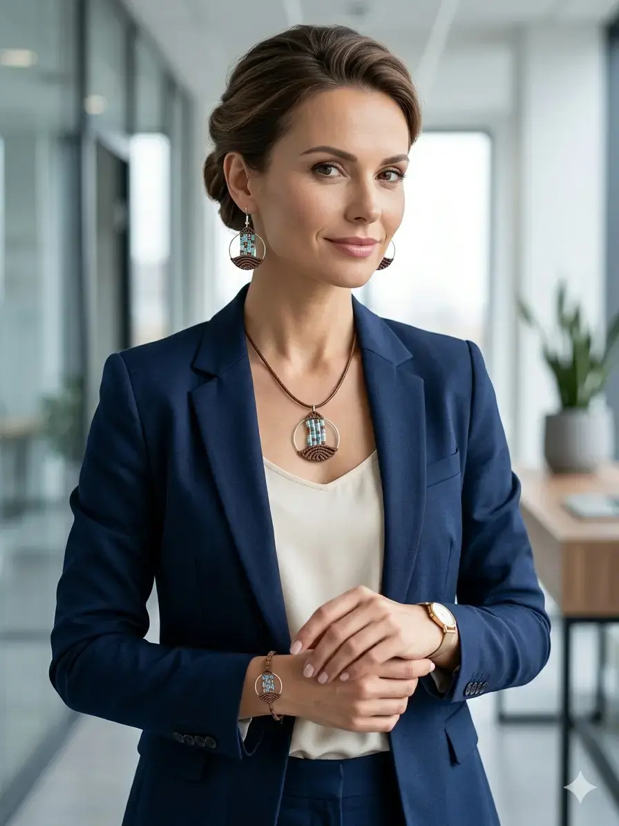 Femme portant la parure Lyren marron et turquoise avec une veste bleu marine pour un look chic et professionnel