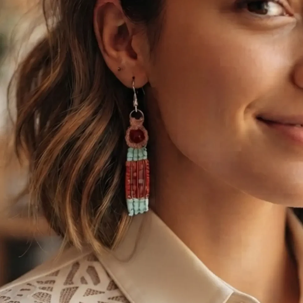 Femme portant les boucles d'oreilles artisanales en macramé marron et turquoise, avec à une chemise beige