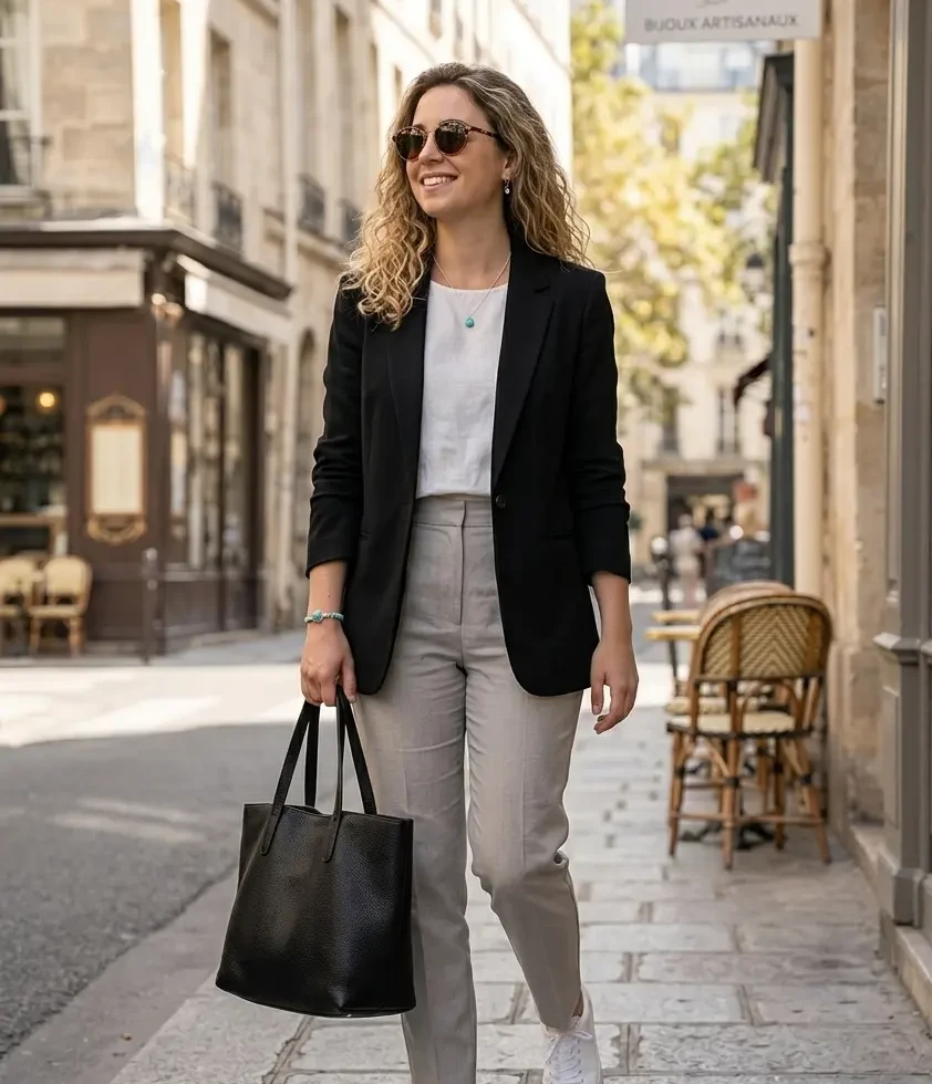 Silhouette citadine moderne portant le bracelet Sélène turquoise avec un blazer noir et un pantalon élégant dans une rue comm