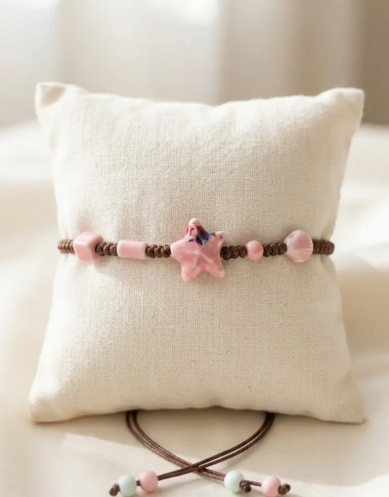 Bracelet en macramé avec étoile en porcelaine rose présenté sur coussin en tissu clair, style minimaliste et fait main