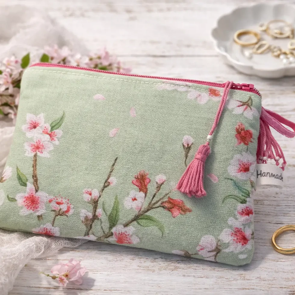 Vue arrière de la petite pochette artisanale Mina Sakura, montrant le tissu fleurs de cerisier et les boucles latérales