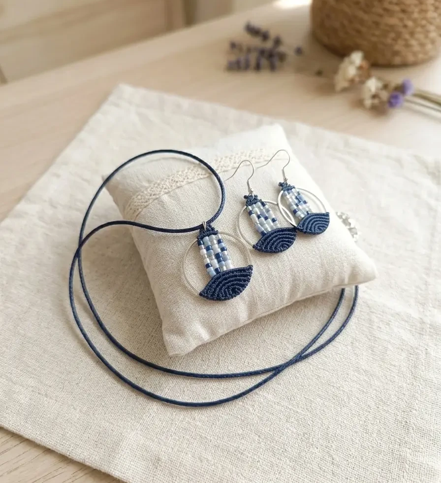Duo Lyren Marine présenté sur coussin, collier et boucles d’oreilles en macramé bleu marine
