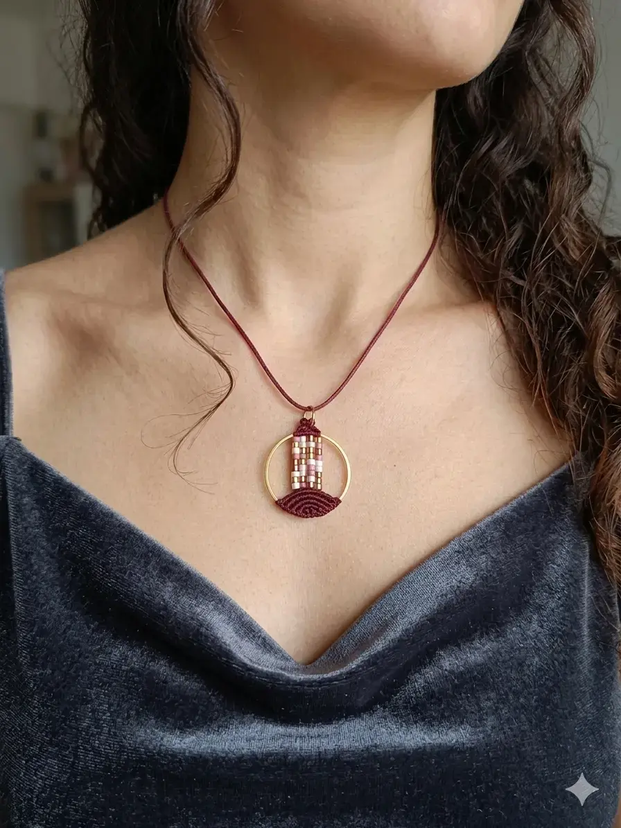 Détail du collier pendentif Lyren Bordeaux tissé main, sur un buste élégant - Tressia Atelier