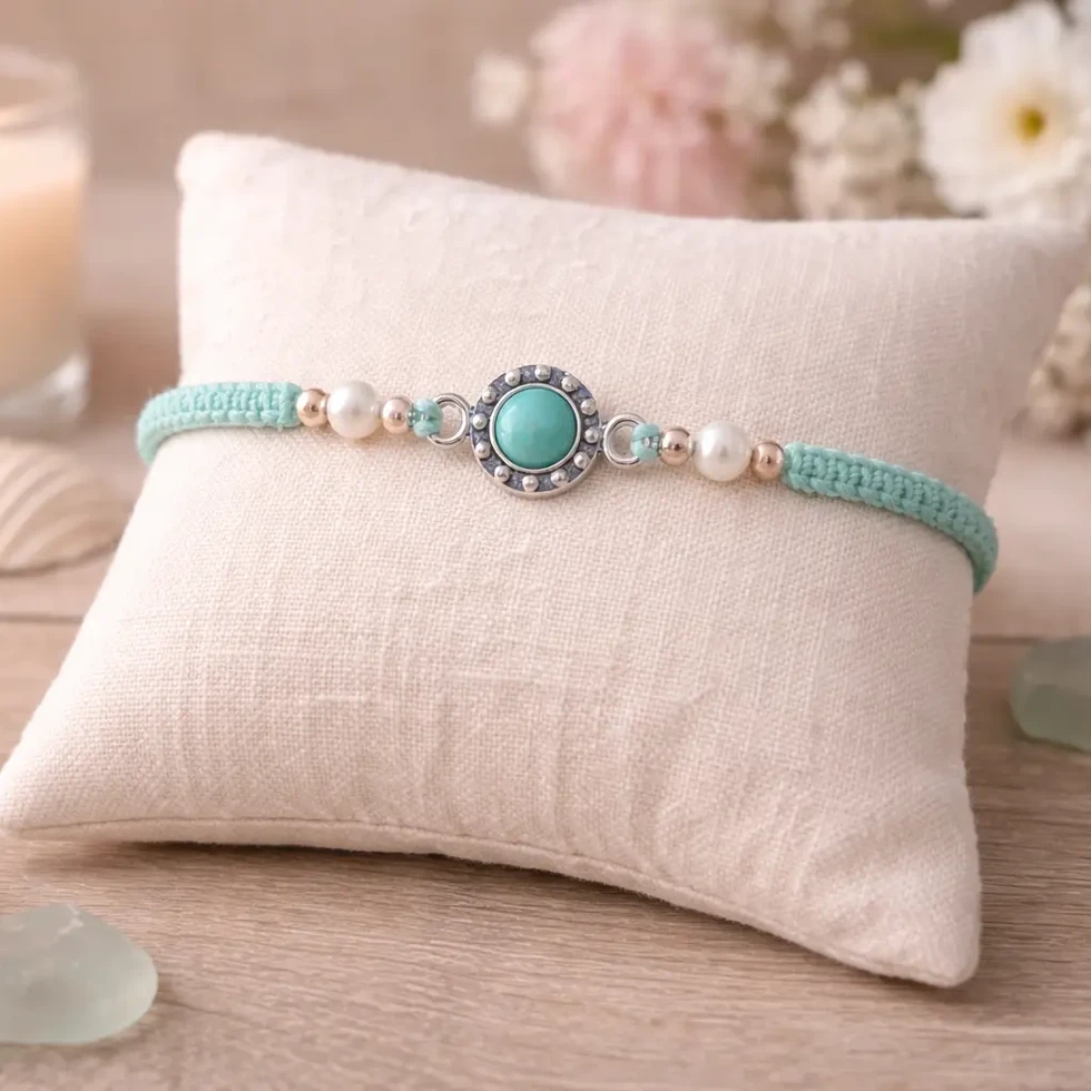 Bracelet Sélène turquoise en macramé délicat posé sur un coussin beige avec des coquillages.
