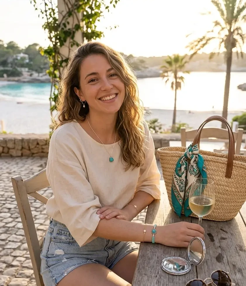 Femme souriante portant le bracelet Sélène turquoise lors d'un moment de détente en terrasse au bord de la mer.
