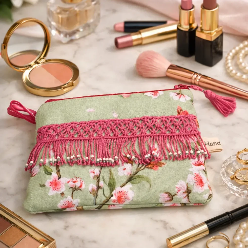 Petite pochette artisanale Mina Sakura fermée, motif fleurs de cerisier et frange fuchsia, entourée de maquillage et bijoux