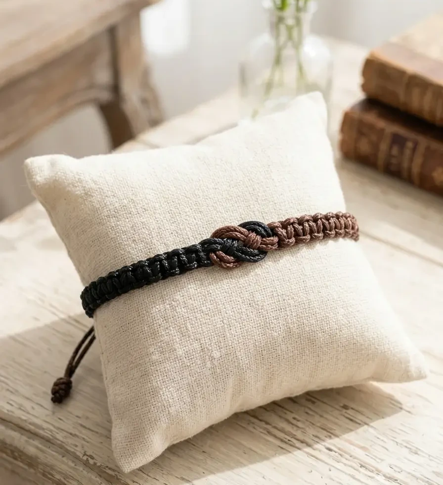 Bracelet artisanal Rio Negro posé sur un petit coussin en lin, détail du nœud central en macramé noir et marron, bijou fait m