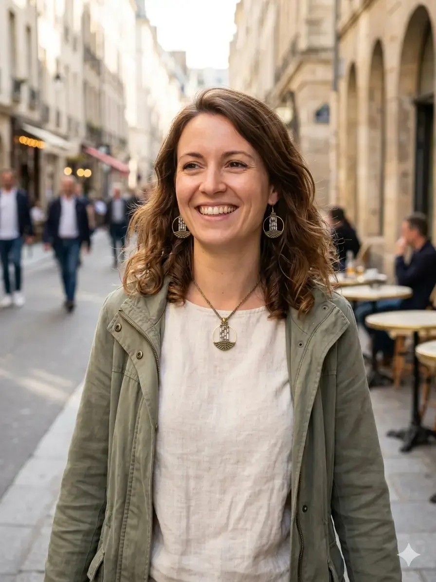 Femme portant le duo Lyren Vert Sauge, collier et boucles d’oreilles en macramé vert et mauve