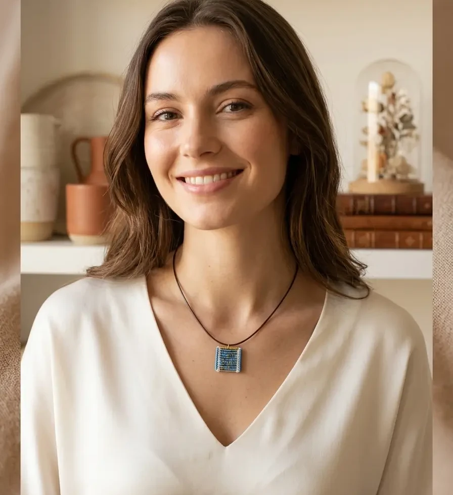 collier Tessare saphir fait main en macramé et perles type miyuki au cou d'une femme souriante