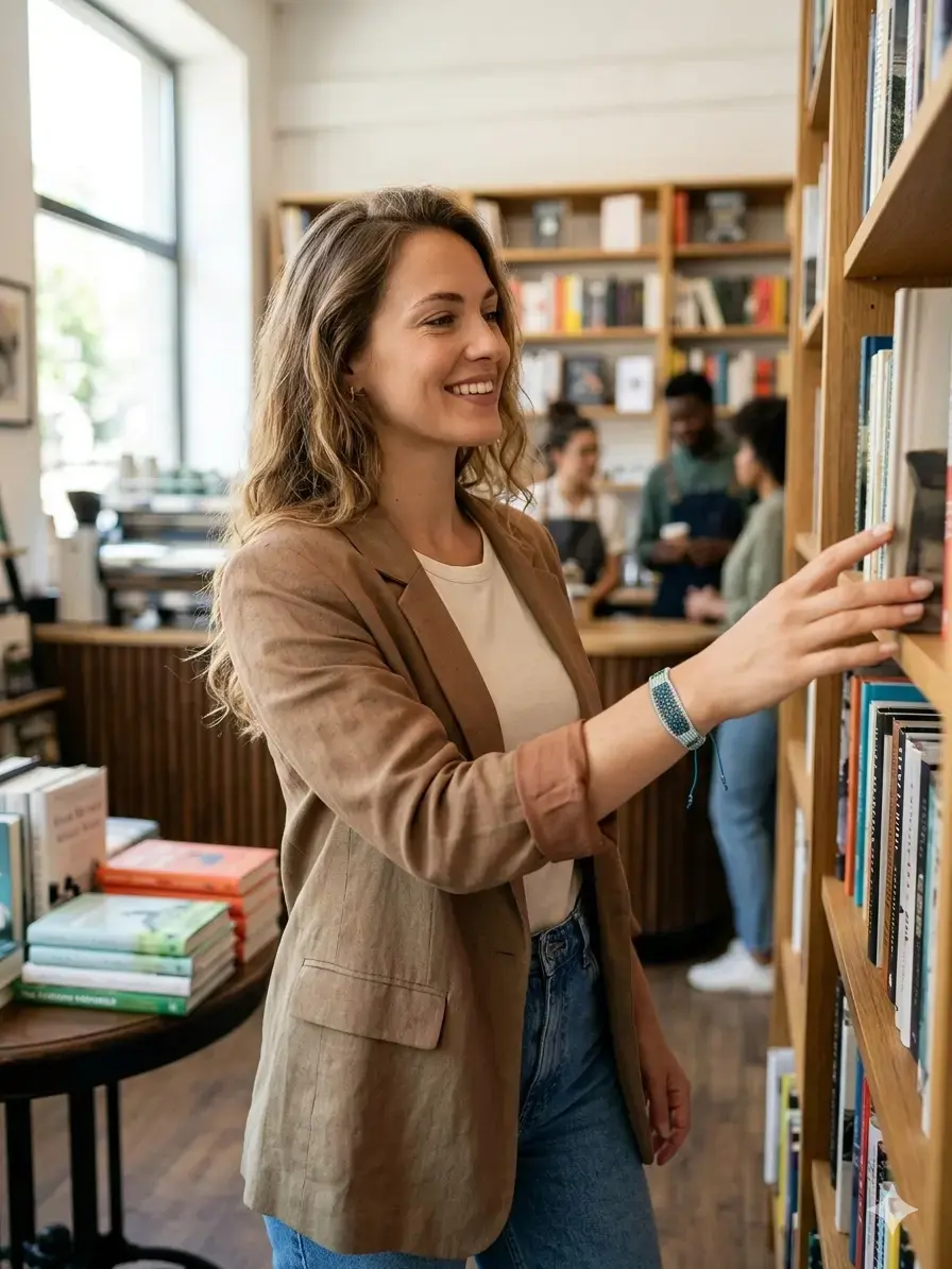 Femme souriante portant un bracelet en mosaïque bleu et doré dans une librairie, vêtue d'une veste marron et d'un jean.