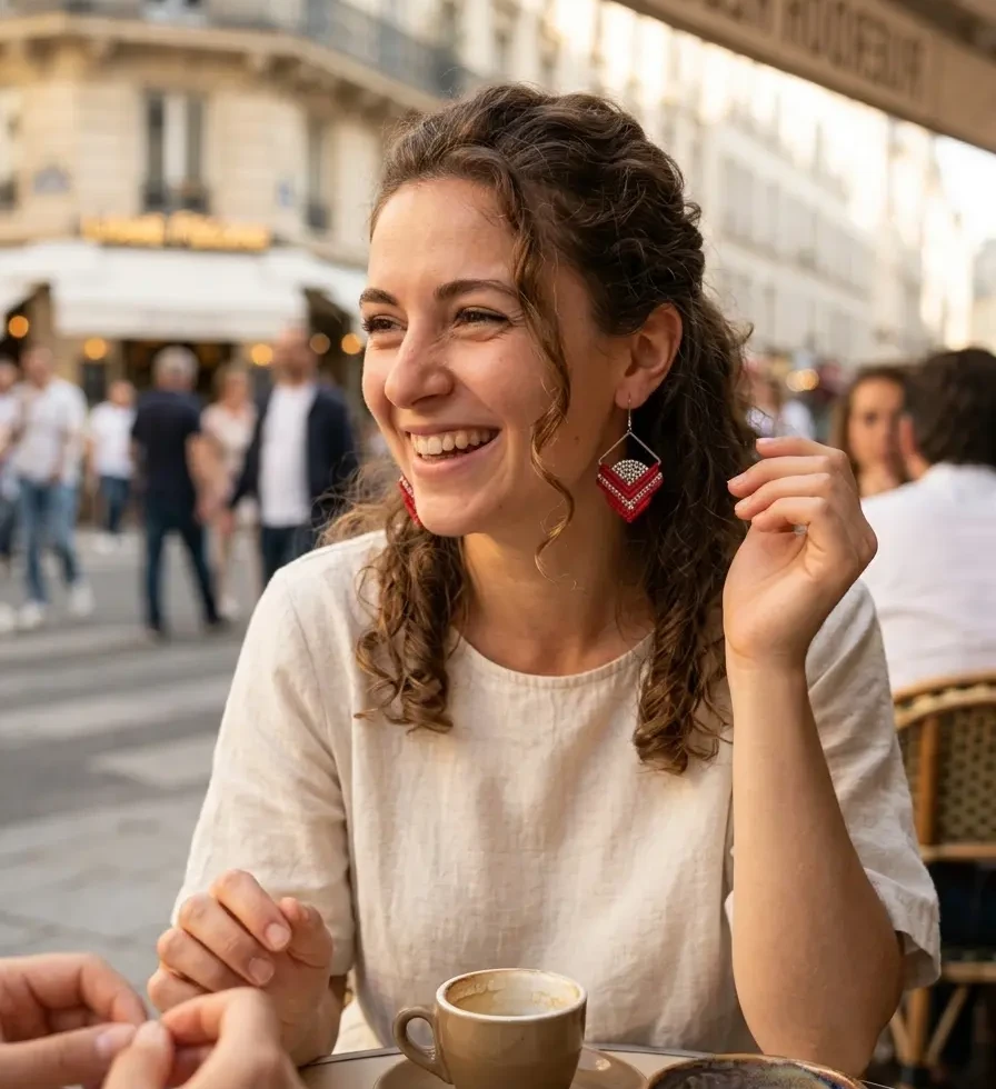 Femme souriante portant des boucles d'oreilles artisanales ISO macramé rouge à un café.