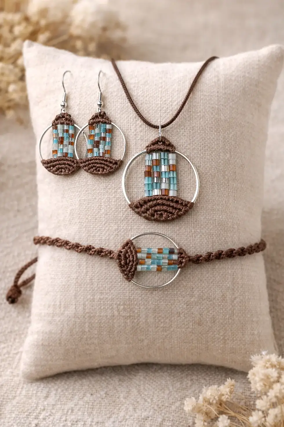 Parure complète Lyren en macramé marron et perles mosaïque turquoise sur un coussin beige