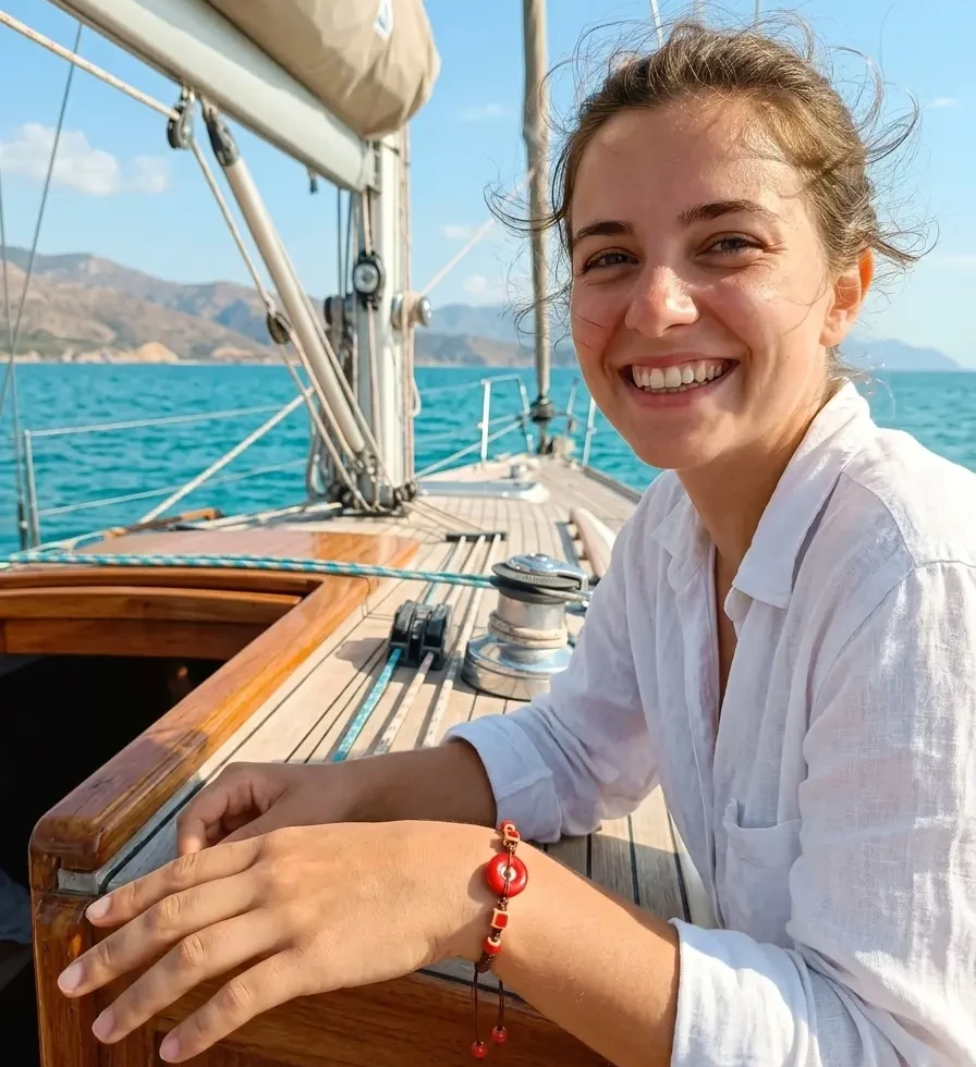 Bracelet artisanal en macramé avec perles rouges porté au poignet en extérieur sur un bateau, style bohème naturel et estival