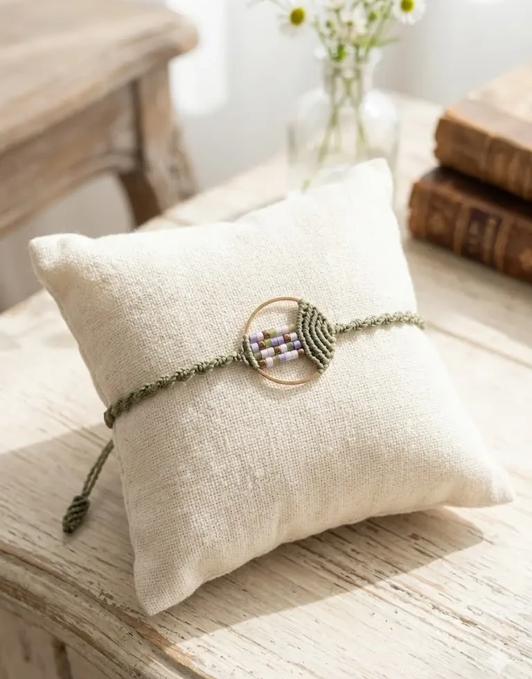 bracelet lyren sauge avec une mosaïque de perles vertes et mauves sur un coussin
