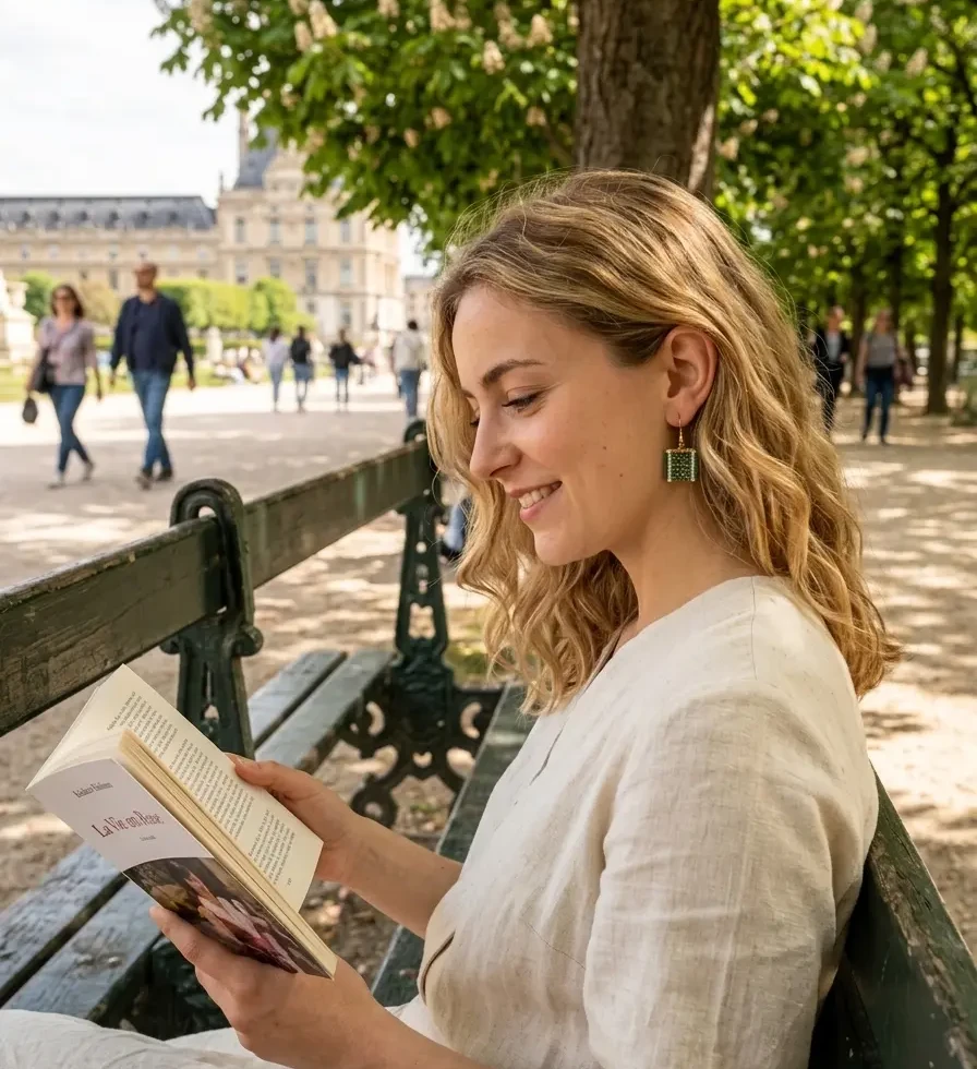Femme lisant un livre sur un banc de parc, portant les boucles d'oreilles Tessare Émeraude au motif mosaïque vert et or