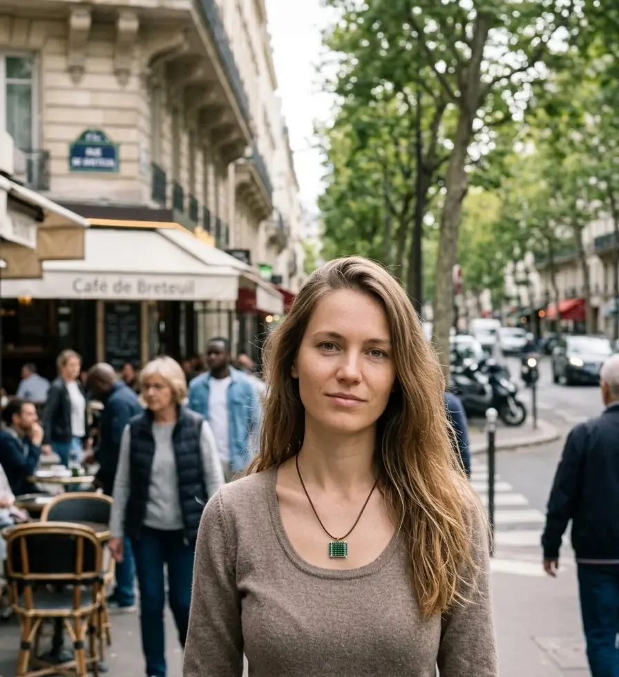femme dans la rue portant le collier Tessare Émeraude, un pendentif carré tissé en perles vertes et dorées sur un cordon