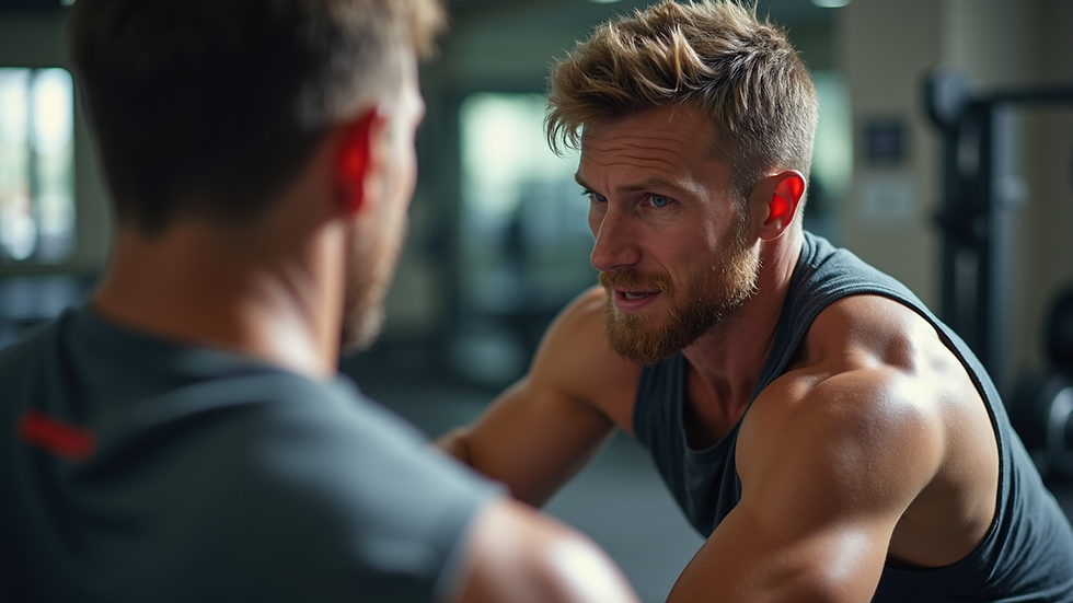 Eye-level view of a fitness coach guiding an athlete during a training session