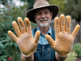 Jardinier ganté qui présente ses 10 doigts devant lui