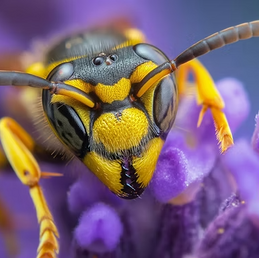 Gros plan sur guêpe jaune posée sur petites fleurs violettes