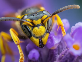 Gros plan sur guêpe jaune posée sur petites fleurs violettes