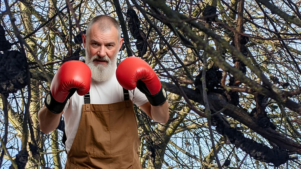 En avant-plan, jardinier avec gants de boxe. En arrière-plan, arbre fruitier infecté par des nodules noirs.