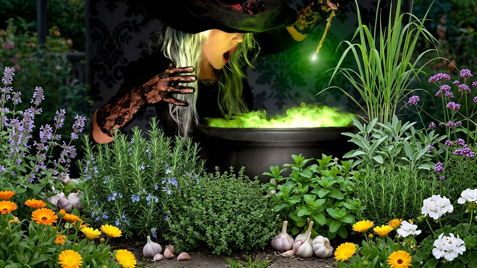 Sorcière tenant une baguette qui prépare une potion verte dans un grand chaudron entouré de plantes dites répulsives.