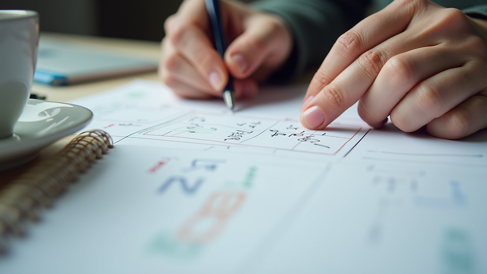 Close-up view of a planner’s hands organizing event details on a calendar