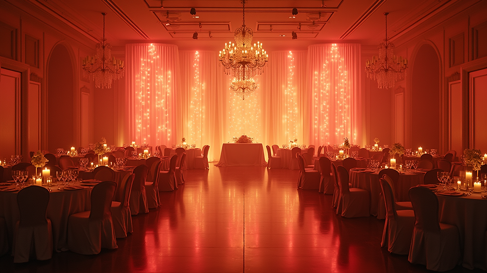 Eye-level view of a decorated event hall with tables and lighting