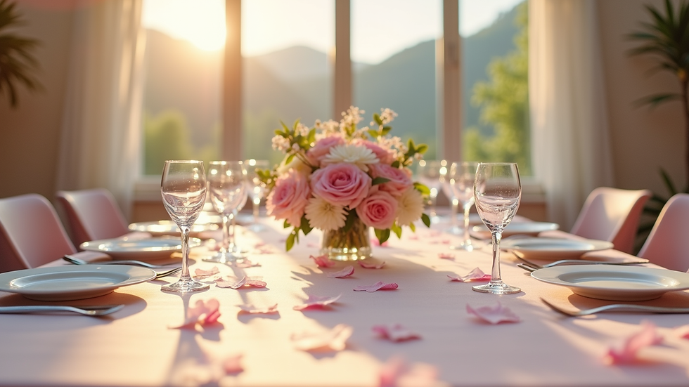 Eye-level view of a decorated event table with floral centerpiece and pastel colors