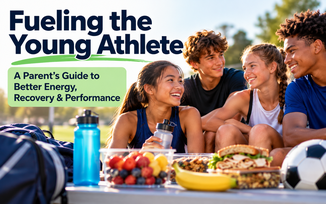 Diverse teen athletes sitting together after sports practice with water bottles, fruit, sandwiches, and snacks, alongside the title “Fueling the Young Athlete: A Parent’s Guide to Better Energy, Recovery & Performance.