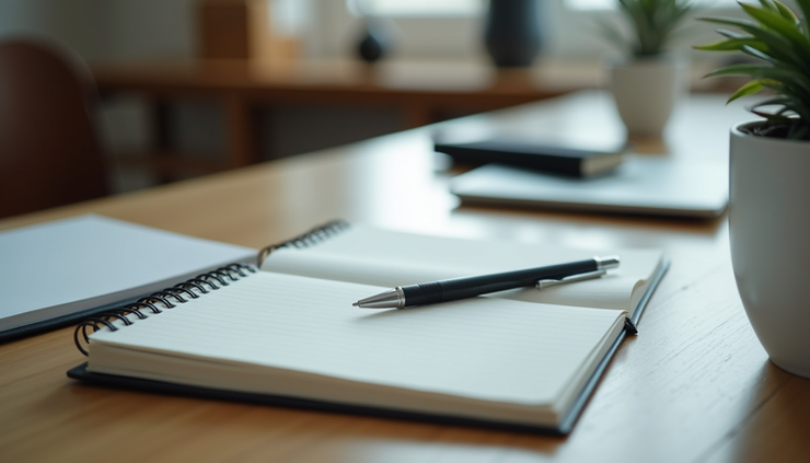 Vue en plongée d’un bureau vide avec un carnet ouvert et un stylo posé dessus