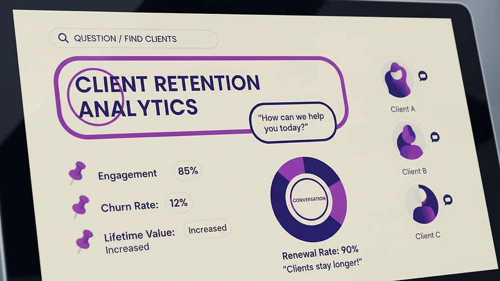 Close-up view of a dashboard showing client retention metrics and analytics