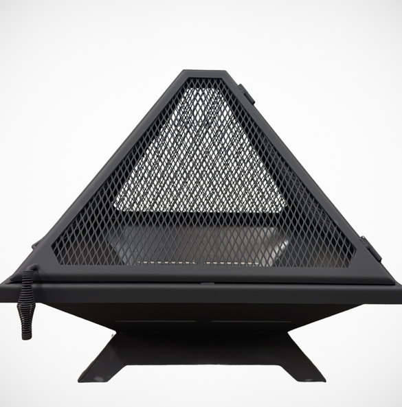 Square Fire Pit with a Raised Spark Screen, painted black. The background is white with shadow.