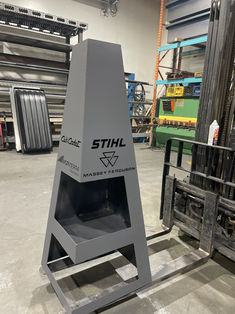 Custom CNC Plasma cut Chiminea sitting in Platinum Metal Solutions Welding shop on Forklift forks.