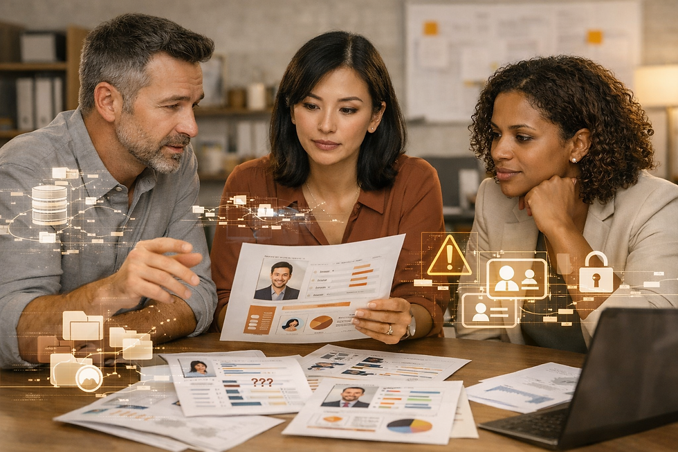 Three colleagues review candidate profiles and data charts on a laptop, with digital icons suggesting HR tech, document processing, security, and workflow automation.