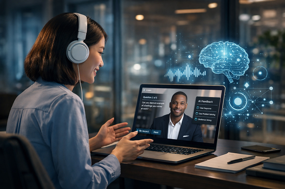 AI interview platform interface from Inluwa AI showing question 2 of 5. The system evaluates candidate responses on clarity, case problem-solving, and amplification strength. Features include re-record option and next question navigation.