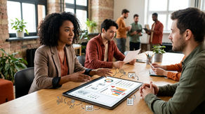 A diverse team of professionals collaborating in a modern, bright office with exposed brick walls. In the foreground, a woman with curly hair in a plaid blazer is animatedly explaining data while gesturing toward a large tablet on the wooden table displaying colorful charts and graphs. Two male colleagues sit with her, listening and taking notes, while three other individuals stand in the background near large windows holding coffee and talking. Overlaid graphic icons representing analytics, gears, and checklists float around the tablet to emphasize digital business strategy.