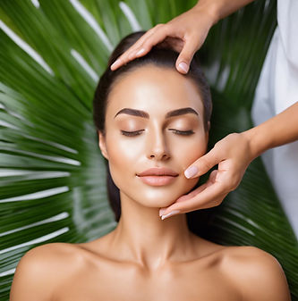 gorgeous woman getting a professional natural facial treatment without tools while laying